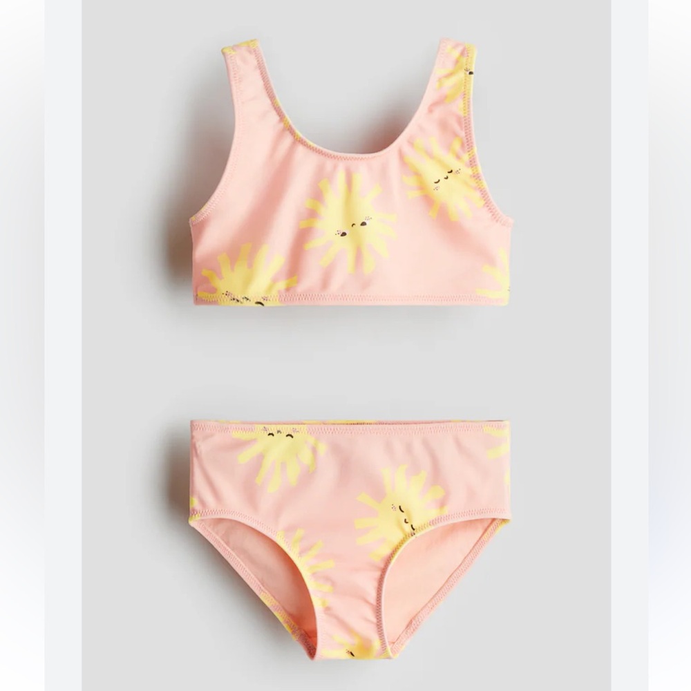 H&M Girl’s Sun Printed Two Piece Swim Suit Bikini Bathing Suit Peach Yellow